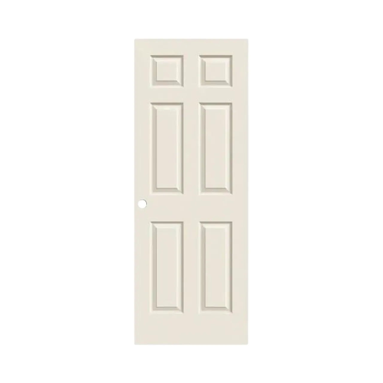 The Go Build 24 in. x 80 in. Colonist Primed Textured Molded Composite MDF Hollow-Core Interior Door Slab features six beige panels and a doorknob hole, shown against a white background.